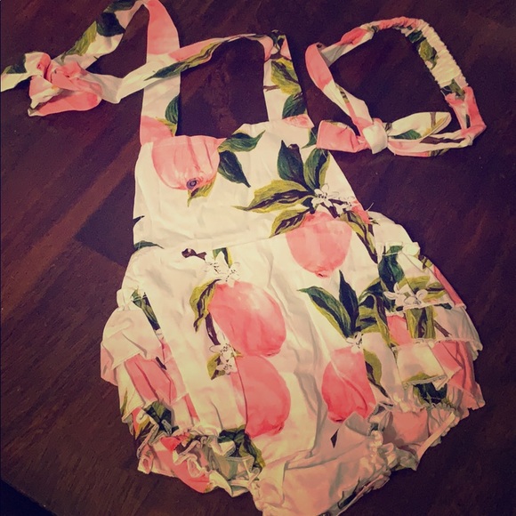 Other - Pink/white lemon ruffle romper w headband